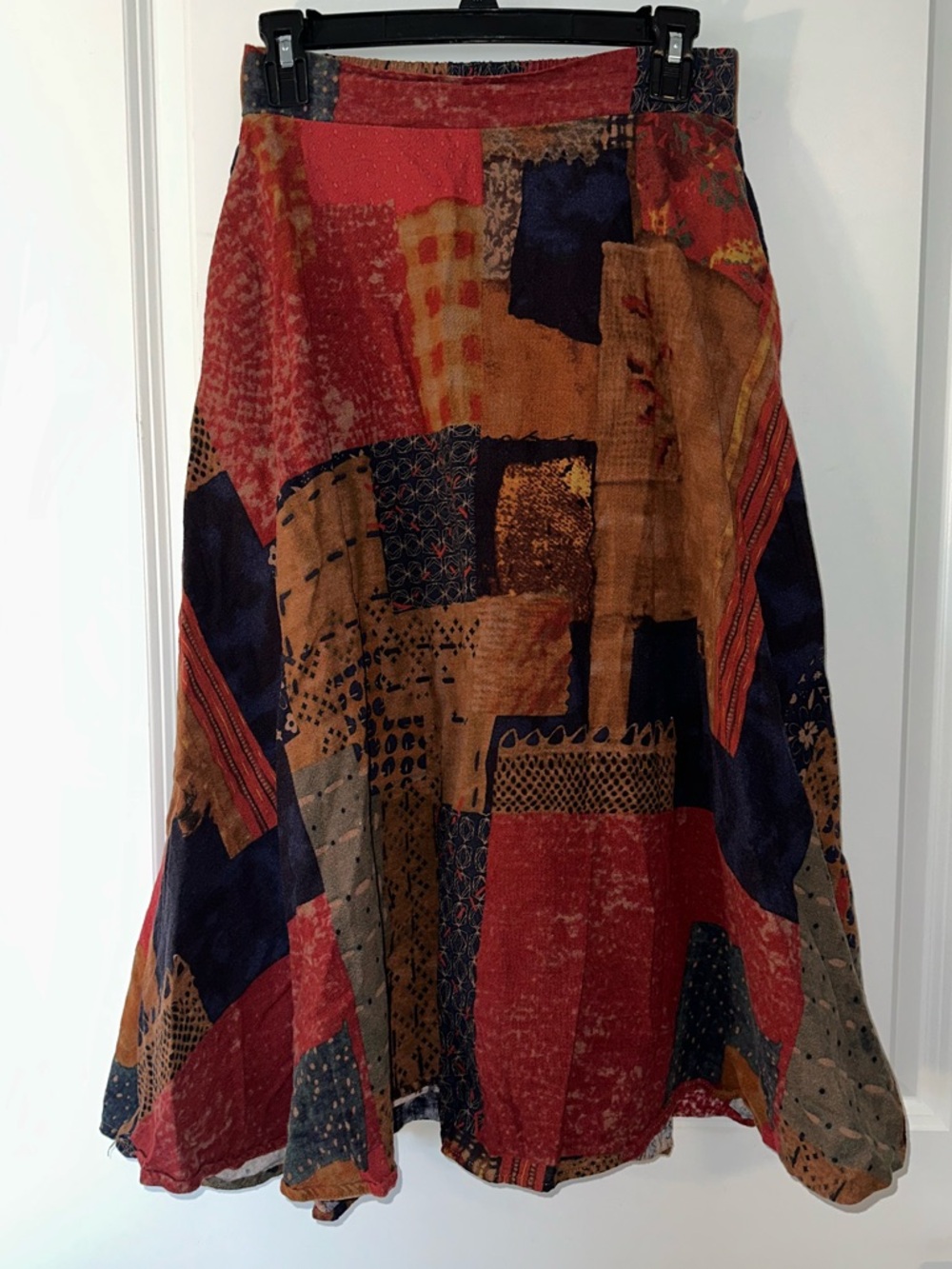 Emery Rose Large Patchwork Print A-Line Skirt in Red and Brown